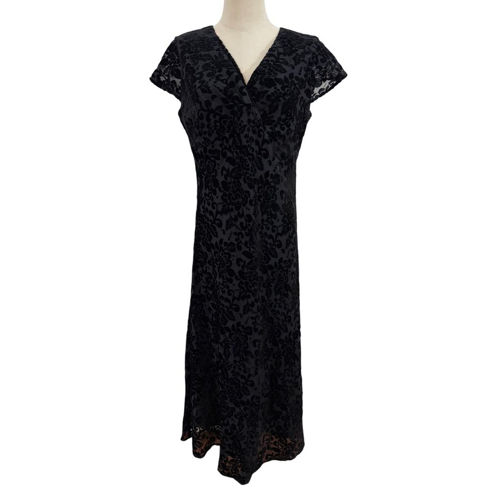 Vtg 90s JM collection black velvet burnout dress‎ Sz 8p midi witchy goth whimsy
